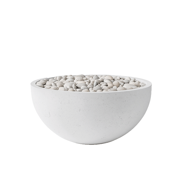 White stone bowl filled with small stones on a white background