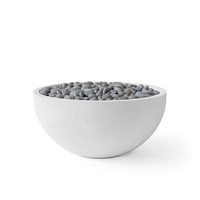 White bowl filled with gray pebbles on a white background