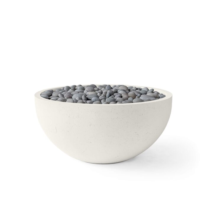 White bowl filled with gray pebbles on a white background