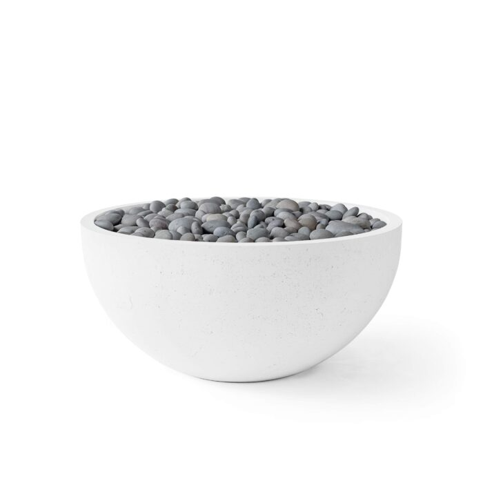 White bowl filled with gray pebbles on a white background