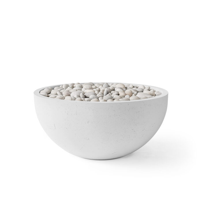 Concrete bowl filled with small stones on a white background